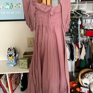 Boho Rose Pink Maxi Dress with Ruffled Neckline